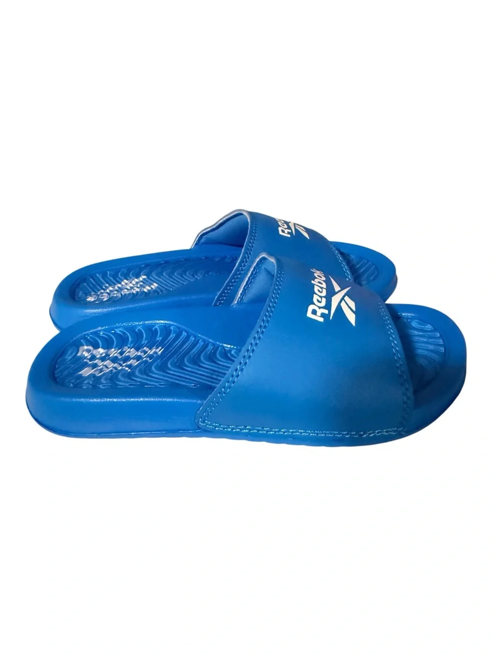Kids Reebok Bright Blue Slide Sandals with White Logo